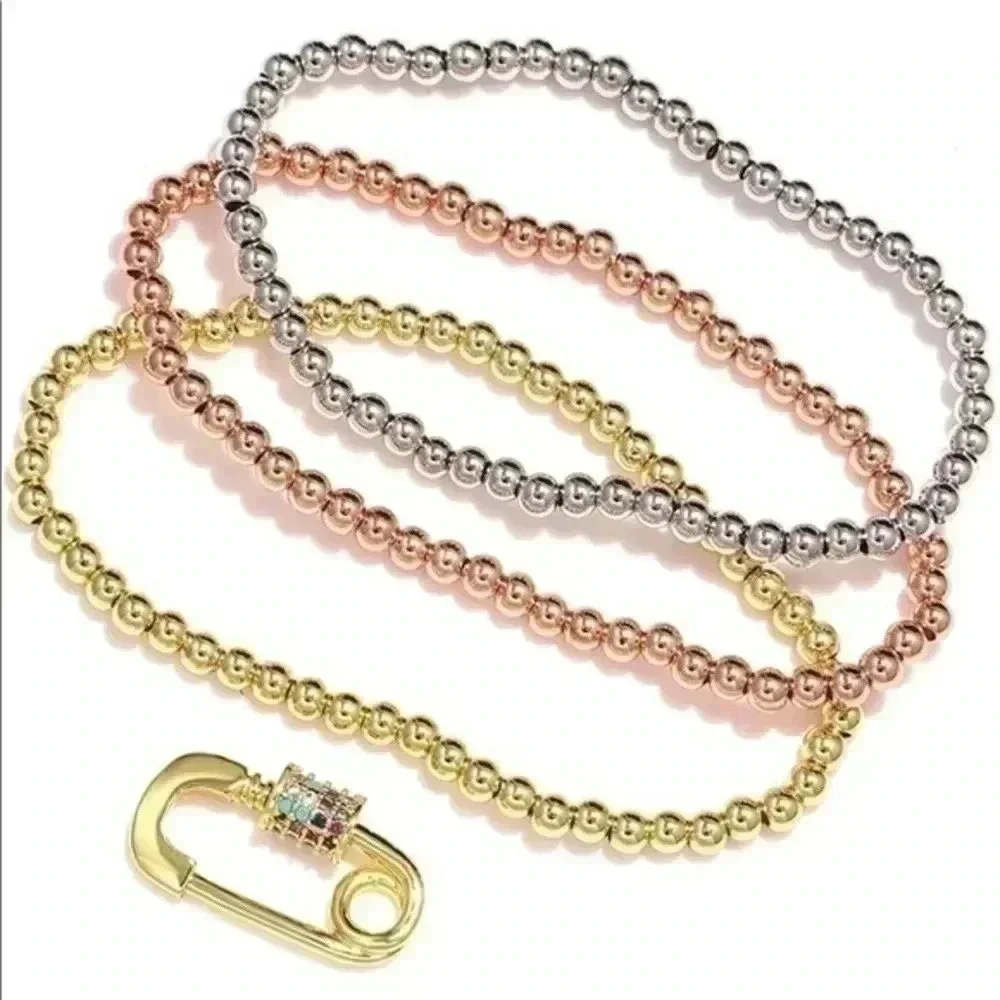 Pretty 3 Tone Beaded Stretch Bracelets Safety Pin Charm NWT